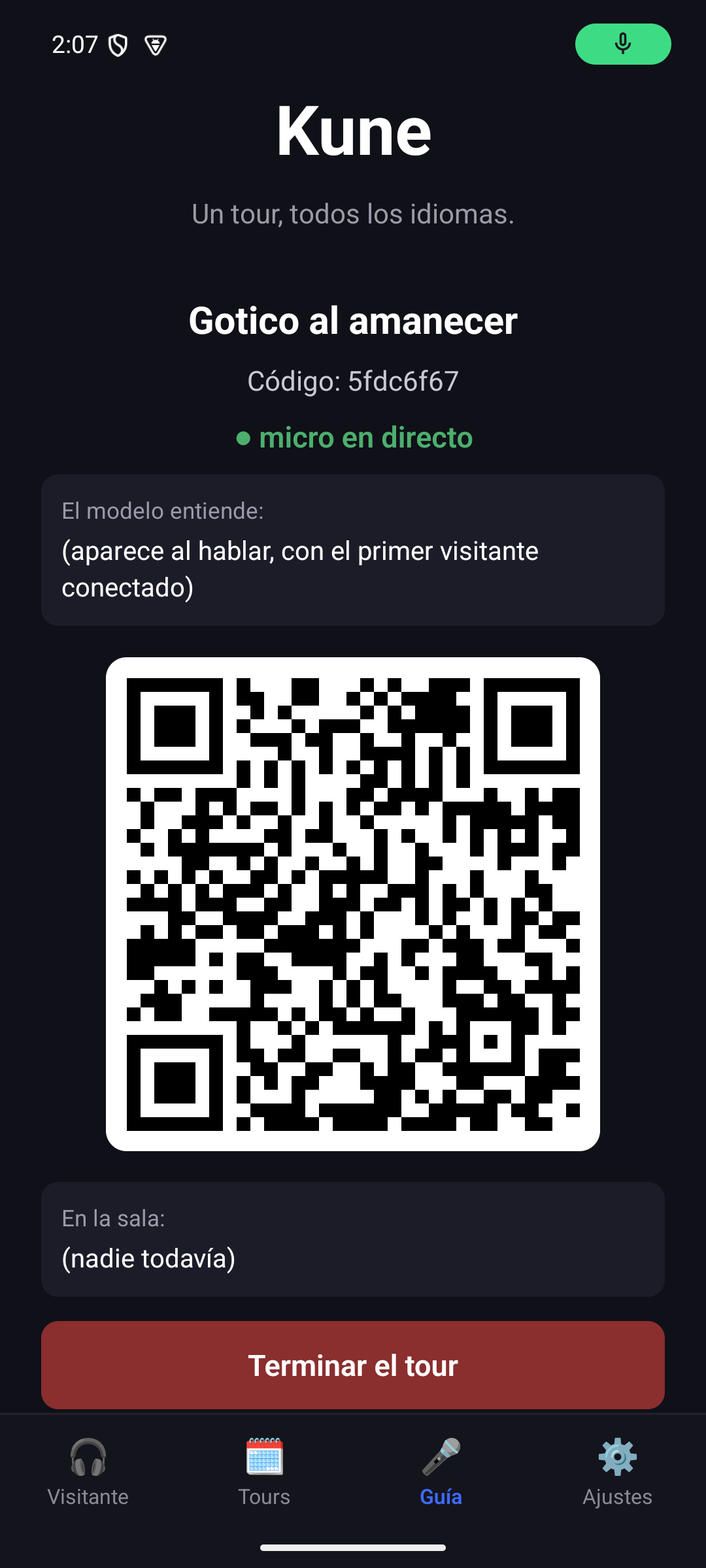 La app Kune: modo guía con el QR del tour en directo